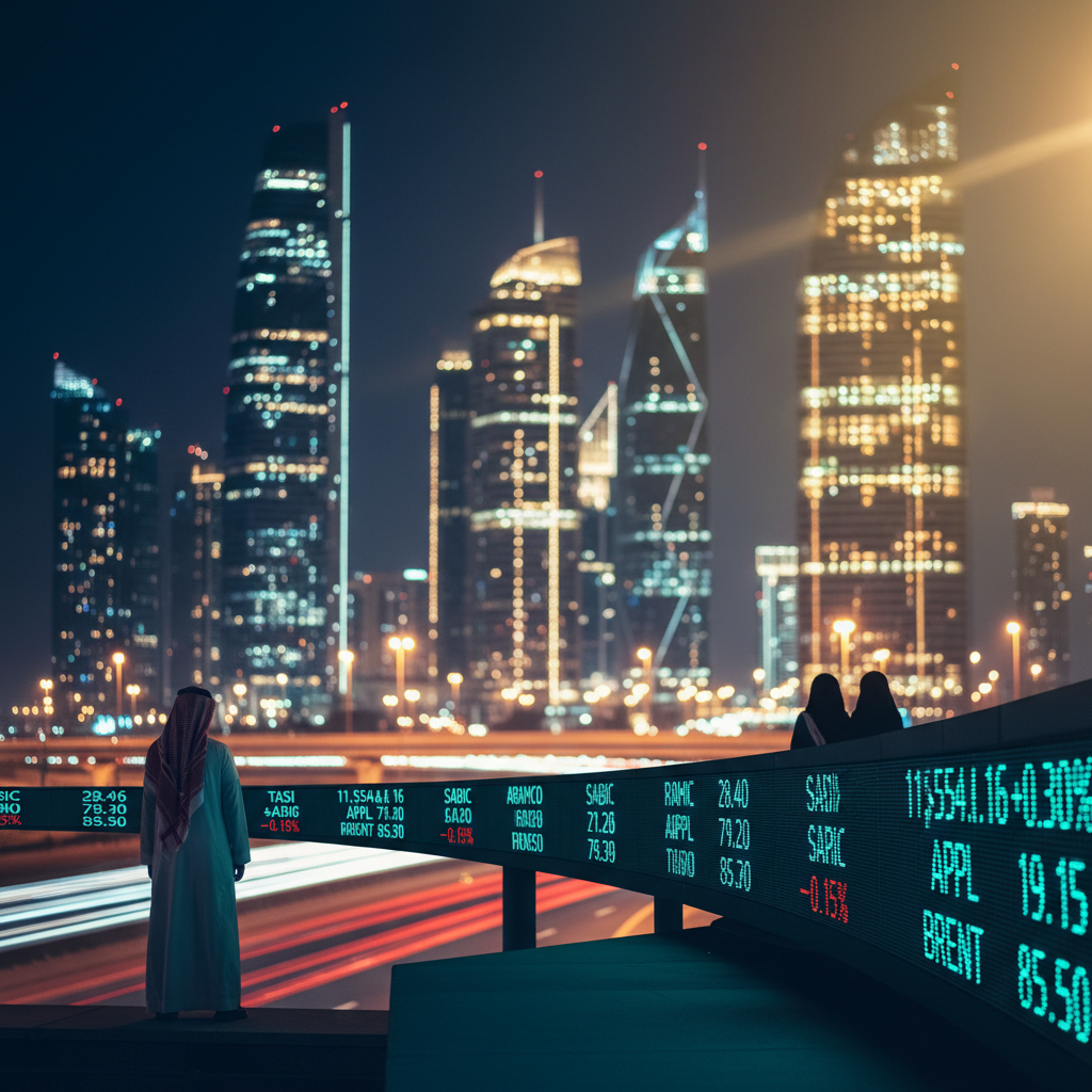 The Riyadh KAFD skyline at night with a glowing horizontal LED ticker board in the foreground showing English-script TASI and Aramco prices, deep navy cyan color treatment.