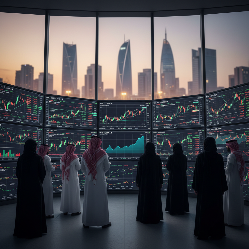 A wide-angle interior of a modern Saudi trading floor with multiple glowing LED screens showing English-language stock-chart data, black neon color treatment.