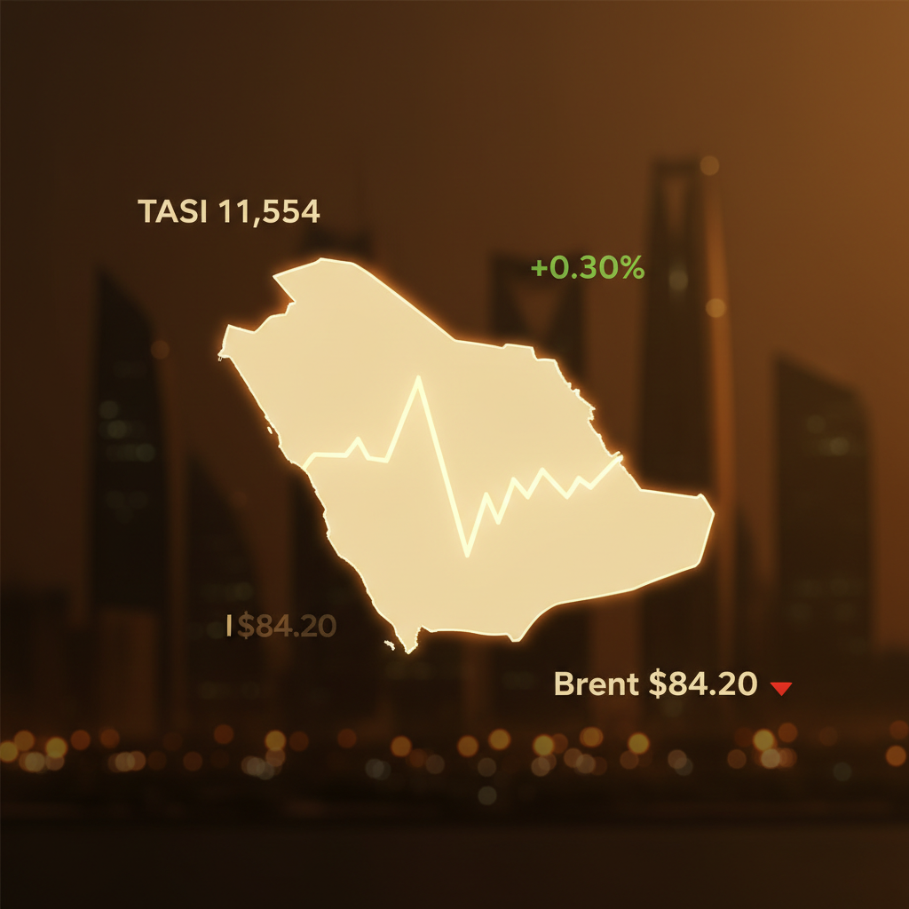 A stylized Saudi Arabia map outline with a thin chart line crossing it and floating English-script ticker numbers around the edges, dark amber color treatment.