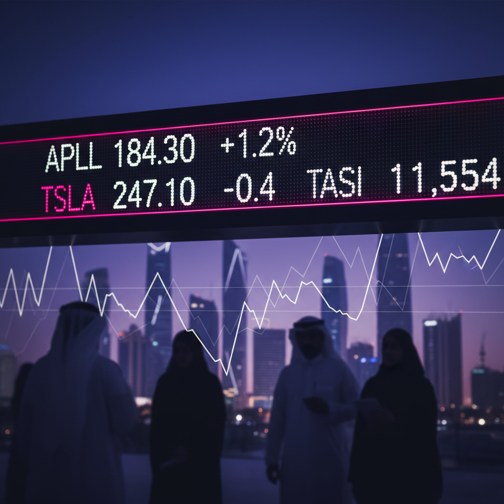 A tight macro close-up of a horizontal LED stock-ticker board displaying English-script tickers and prices with shallow depth-of-field bokeh, twilight purple color treatment.