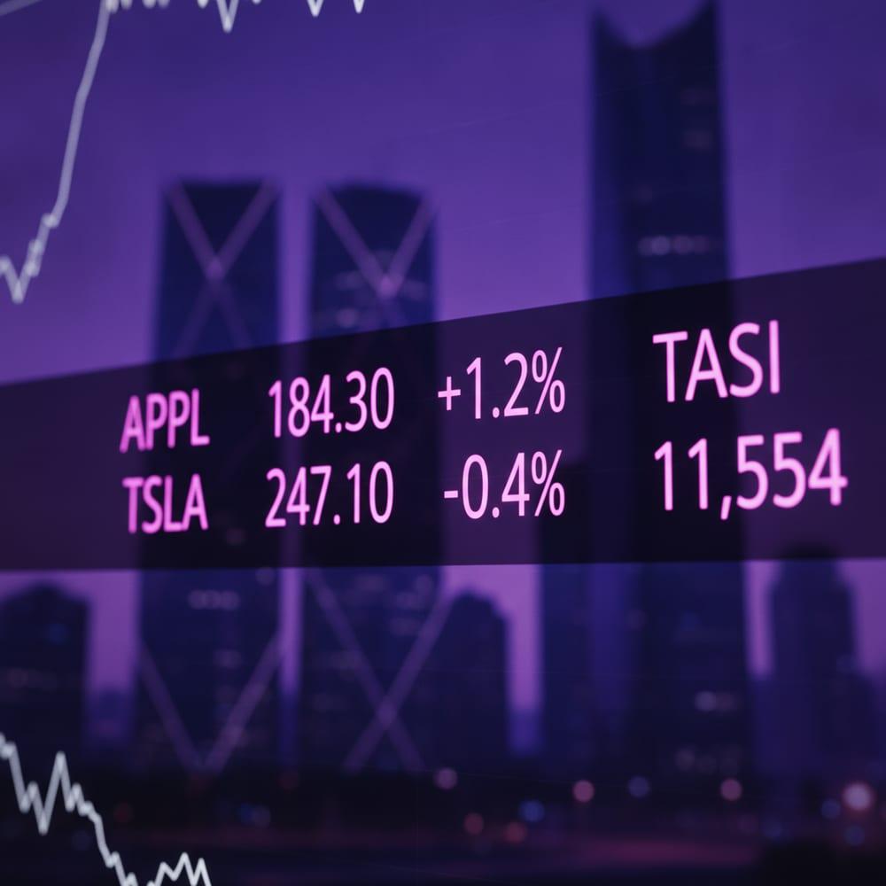 A tight macro close-up of a horizontal LED stock-ticker board displaying English-script tickers and prices with shallow depth-of-field bokeh, twilight purple color treatment.