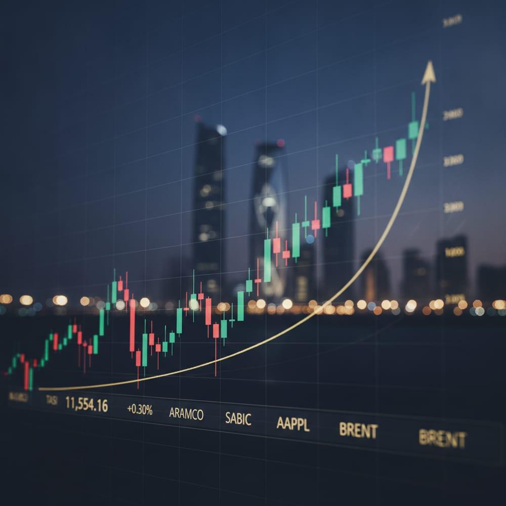 A high-detail financial-chart visualization with overlapping candlesticks and a trending line chart, English ticker labels including TASI and Aramco, navy gold color treatment.