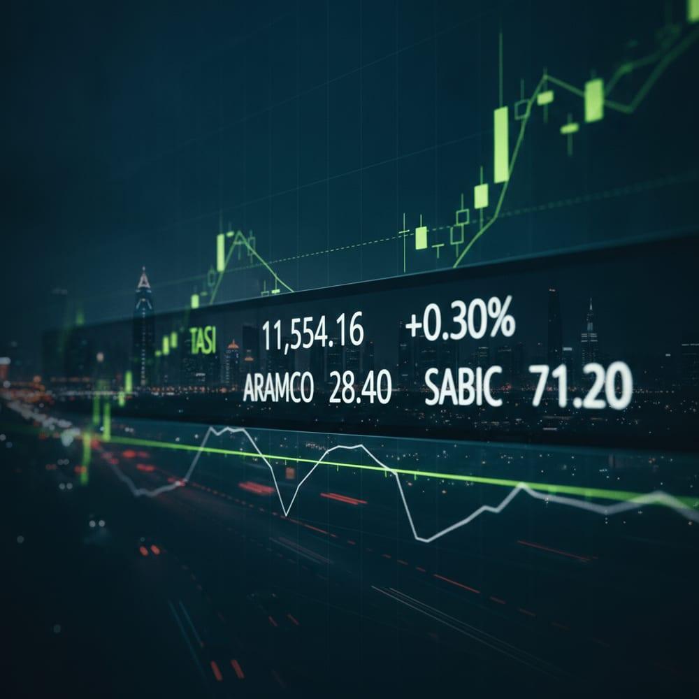 The Riyadh KAFD skyline at night with a glowing horizontal LED ticker board in the foreground showing English-script TASI and Aramco prices, midnight teal color treatment.