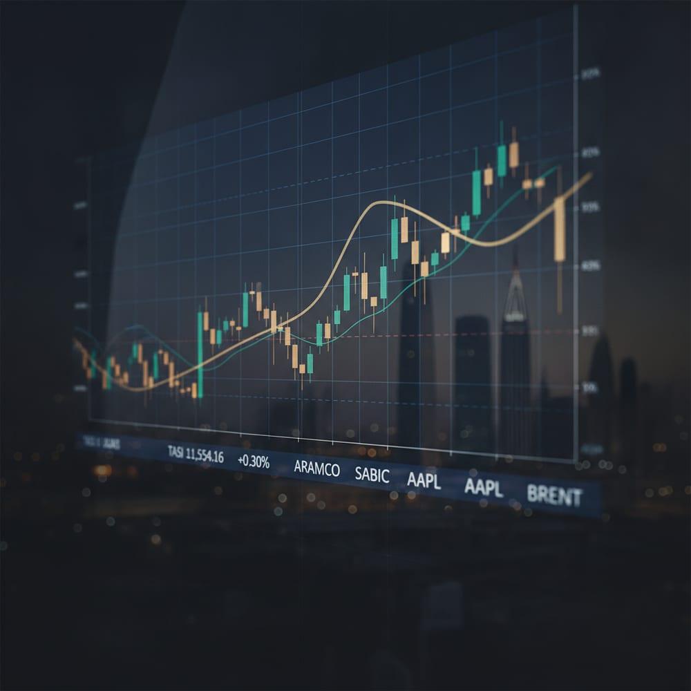 A high-detail financial-chart visualization with overlapping candlesticks and a trending line chart, English ticker labels including TASI and Aramco, navy gold color treatment.