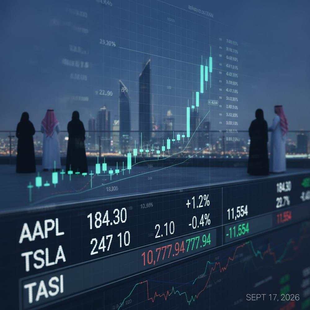 A tight macro close-up of a horizontal LED stock-ticker board displaying English-script tickers and prices with shallow depth-of-field bokeh, deep navy cyan color treatment.