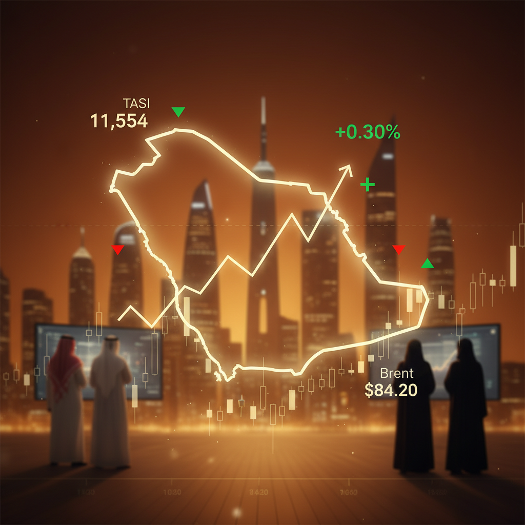 A stylized Saudi Arabia map outline with a thin chart line crossing it and floating English-script ticker numbers around the edges, dark amber color treatment.
