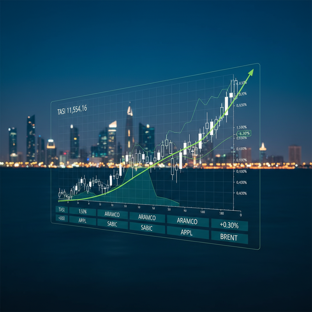 A high-detail financial-chart visualization with overlapping candlesticks and a trending line chart, English ticker labels including TASI and Aramco, midnight teal color treatment.
