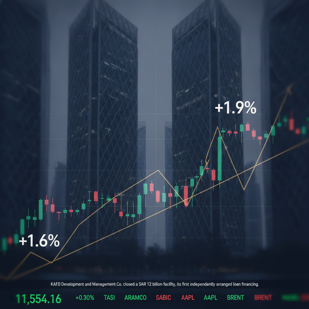 A digital composite of the Riyadh KAFD skyline overlaid with translucent stock-chart strokes and English percentage labels, navy gold color treatment.