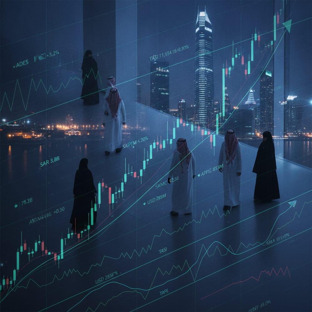 A composite of silhouetted business figures, some in Saudi thobe and shemagh, walking through a trading-floor interior with translucent chart and ticker overlays, deep navy cyan color treatment.