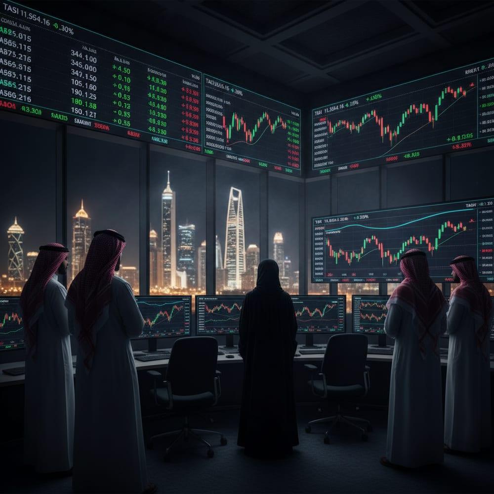 A wide-angle interior of a modern Saudi trading floor with multiple glowing LED screens showing English-language stock-chart data, black neon color treatment.