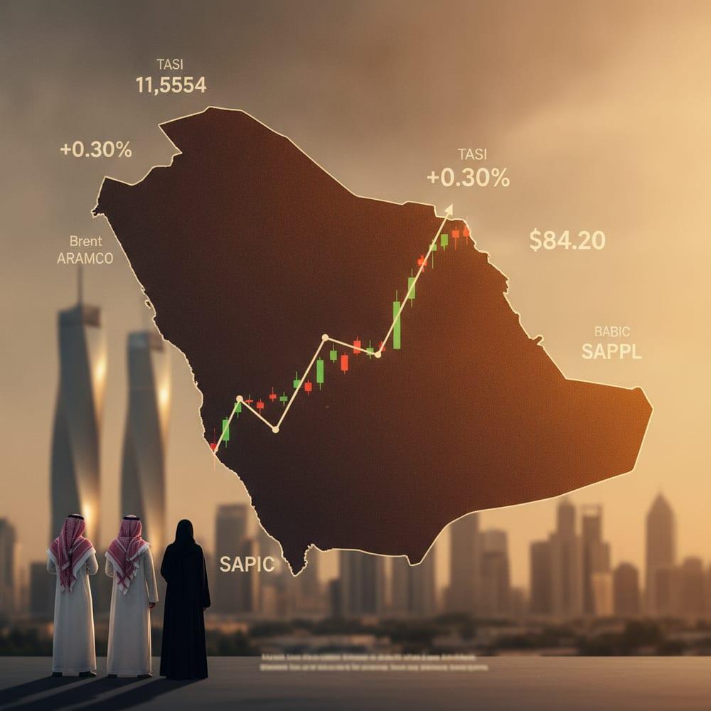 A stylized Saudi Arabia map outline with a thin chart line crossing it and floating English-script ticker numbers around the edges, dark amber color treatment.